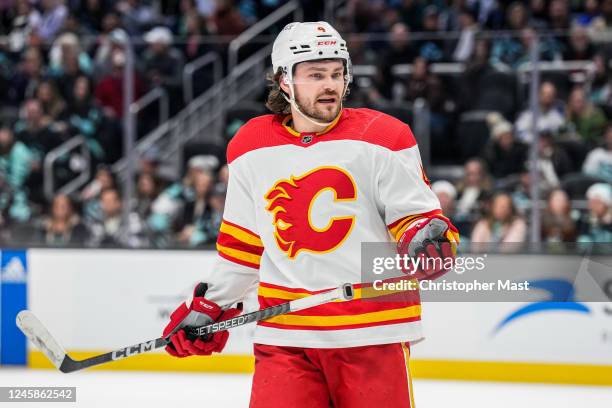 Rasmus Andersson of the Calgary Flames skates on the ice during the second period of a game against the Seattle Kraken at Climate Pledge Arena on...
