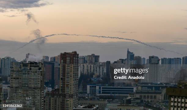 Ukrainian air defence system intercepts a rocket launched by Russian forces in Kyiv, Ukraine on December 29, 2022.