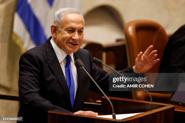 Israel's Prime Minsiter designate Benjamin Netanyahu presents the new government to parliament at the Knesset in Jerusalem on December 29, 2022 in...