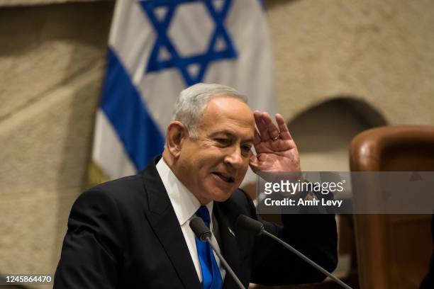 Former and designated Israeli Prime Minister Benjamin Netanyahu speaks at the Israeli parliament during a new government sworn in discussion at the...