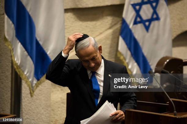 Former and designated Israeli Prime Minister Benjamin Netanyahu after speaking at the Israeli parliament during a new government sworn in discussion...