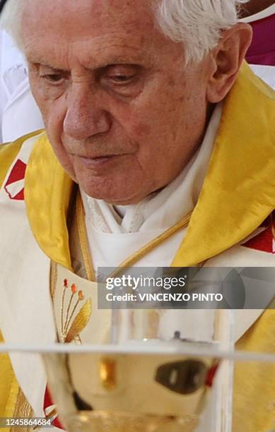 Pope Pope Benedict XVI celebrates a mass at the Cuatro Vientos air base, eight kilometres southwest of Madrid on August 21, 2011. The next World...