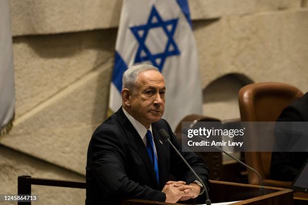 Former and designated Israeli Prime Minister Benjamin Netanyahu speaks at the Israeli parliament during a new government sworn in discussion at the...