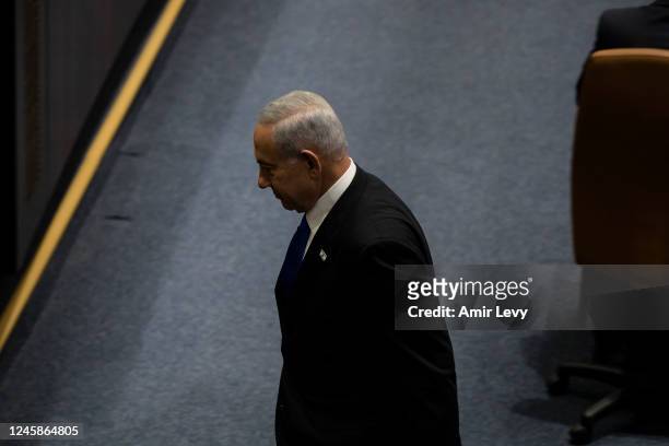 Former and designated Israeli Prime Minister Benjamin Netanyahu attends a speech at the Israeli parliament during a new government sworn in...
