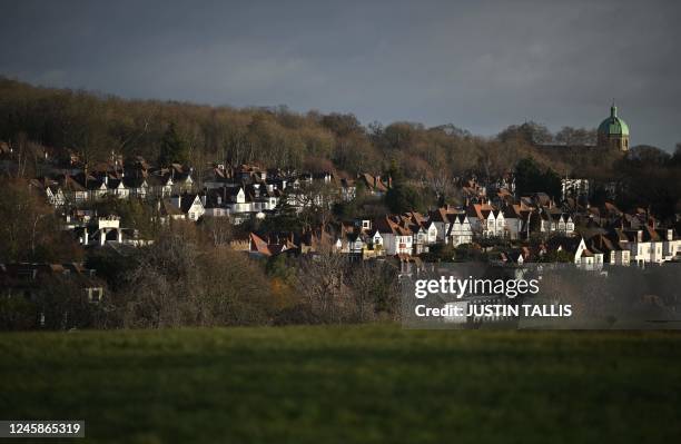 View of residential properties seen from Hampstead Heath in London on December 29, 2022.