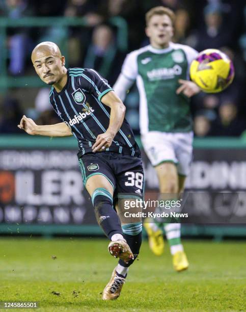 Celtic's Daizen Maeda scores a goal during the first half of a Scottish Premiership football match against Hibernian on Dec. 28 at Easter Road...