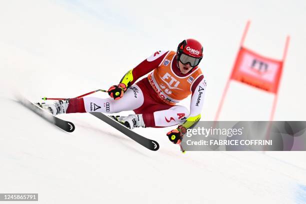 Austria's Stefan Babinsky competes during the men's FIS Ski World Cup Super G event in Bormio, Italy, on December 29, 2022. / The erroneous...