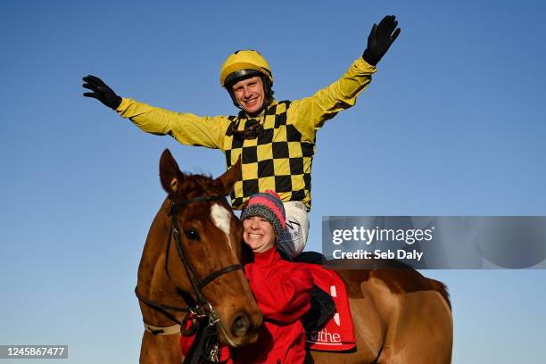 Dublin , Ireland - 29 December 2022; Jockey Paul Townend and groom Rachel Robins celebrate after winning the Matheson Hurdle with State Man on day...