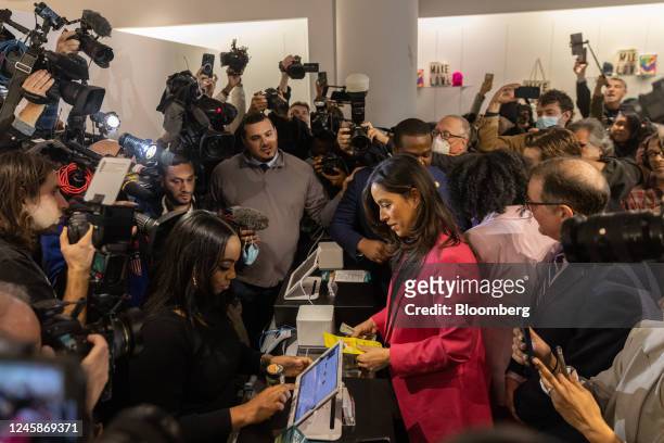 Carlina Rivera, member of the New York City Council, center right, purchases a cannabis product on the first day of legal recreational marijuana...