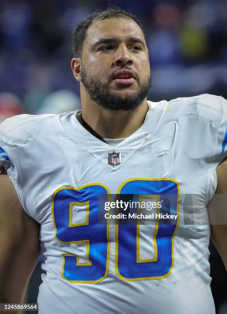 Tyeler Davison of the Los Angeles Chargers is seen after the game against the Indianapolis Colts at Lucas Oil Stadium on December 26, 2022 in...