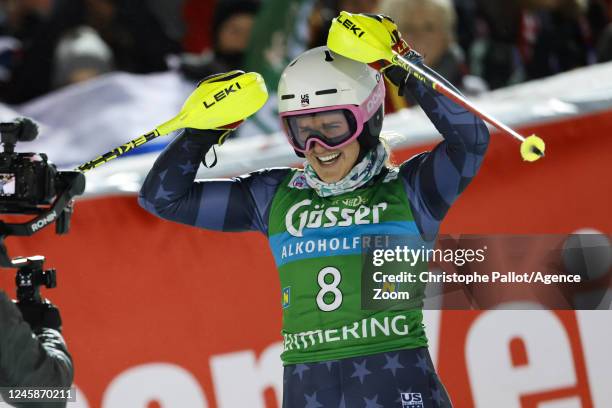 Paula Moltzan of Team United States celebrates during the Audi FIS Alpine Ski World Cup Women's Slalom on December 29, 2022 in Semmering, Austria.