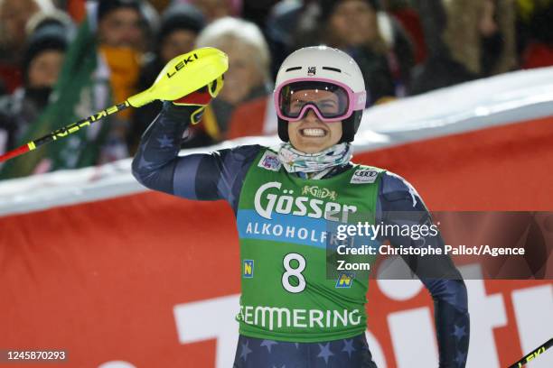 Paula Moltzan of Team United States celebrates during the Audi FIS Alpine Ski World Cup Women's Slalom on December 29, 2022 in Semmering, Austria.