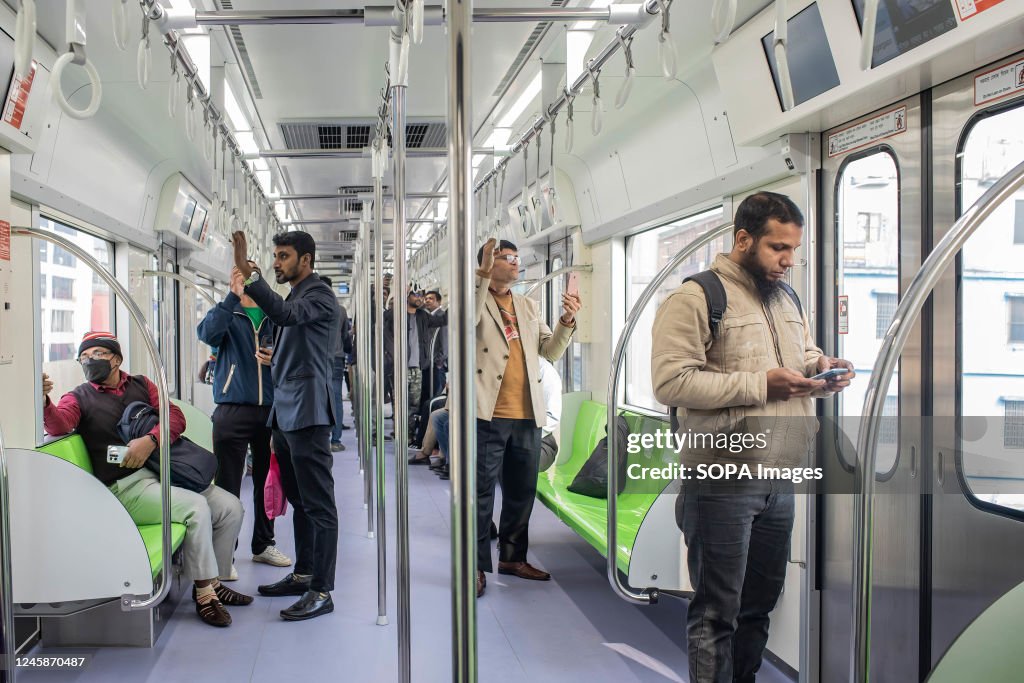D Train Inside Passengers travel inside the new Dhaka Metro train from Uttara North ...