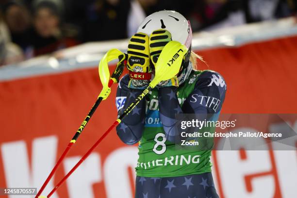 Paula Moltzan of Team United States celebrates during the Audi FIS Alpine Ski World Cup Women's Slalom on December 29, 2022 in Semmering, Austria.