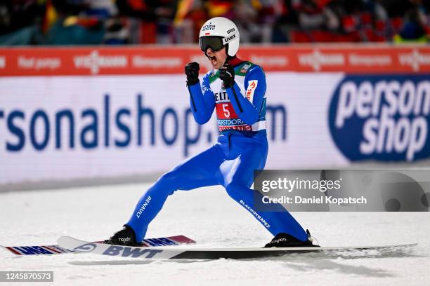 Piotr Zyla of Poland reacts in the finish area after the second round of the Individual HS137 at the Four Hills Tournament Men Oberstdorf on December...