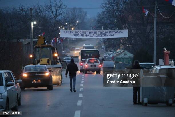 View of Northern Mitrovica-Leposavic highway as it opens to traffic after the removal of barricades in Zvecan district of Mitrovica, Kosovo on...