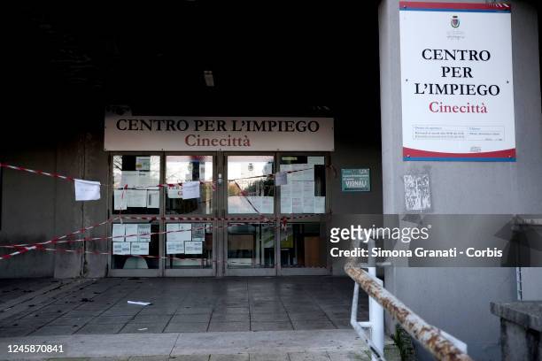 The taped-off main entrance of the Cinecittà Employment Center with a caution danger sign, on December 29, 2022 in Rome, Italy. The Employment...