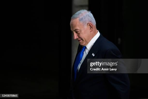 Israeli Prime Minister Benjamin Netanyahu attends a traditional government group photo at the President's house on December 29, 2022 in Jerusalem,...