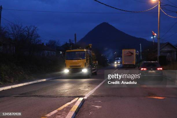 View of Northern Mitrovica-Leposavic highway as it opens to traffic after the removal of barricades in Zvecan district of Mitrovica, Kosovo on...
