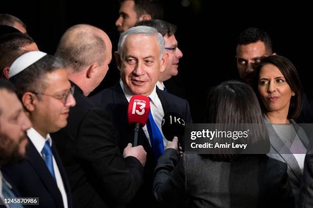 Israeli Prime Minister Benjamin Netanyahu speaks to the press after a traditional government group photo at the President's house on December 29,...