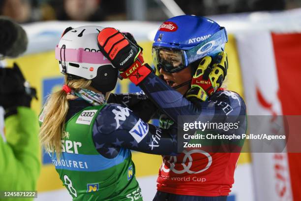 Paula Moltzan of Team United States takes 2nd place, Mikaela Shiffrin of Team United States takes 1st place during the Audi FIS Alpine Ski World Cup...
