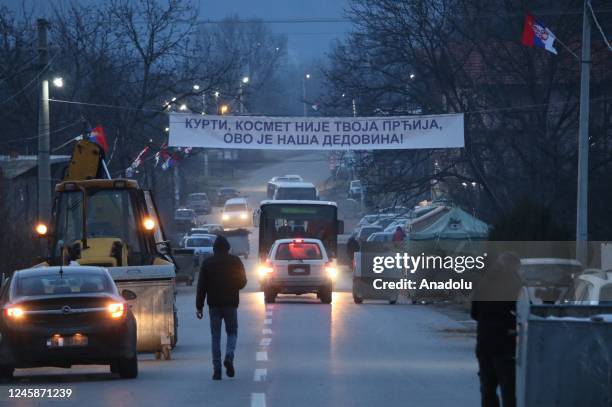 View of Northern Mitrovica-Leposavic highway as it opens to traffic after the removal of barricades in Zvecan district of Mitrovica, Kosovo on...