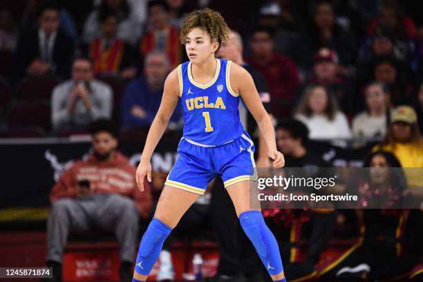 Bruins guard Kiki Rice looks on during the womens college basketball game between the UCLA Bruins and the USC Trojans on December 15, 2022 at Galen...