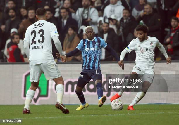 Valentin Rosier of Besiktas in action against Onyekuru of Adana Demirspor during the Turkish Super Lig week 16 soccer match between Besiktas and...