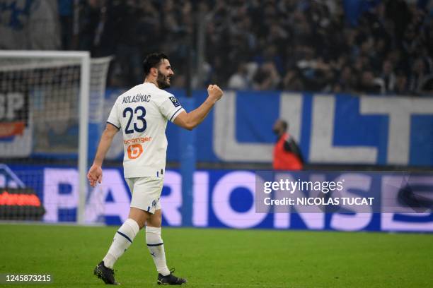 Marseille's Bosnian midfielder Sead Kolasinac celebrates after scoring a goal during the French L1 football match between Olympique de Marseille and...