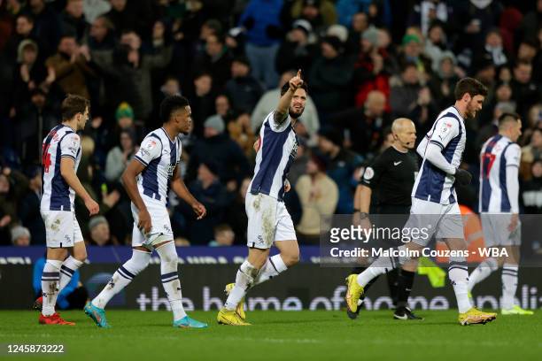 Okay Yokuslu of West Bromwich Albion celebrates scoring his second goal during the Sky Bet Championship game between West Bromwich Albion and Preston...