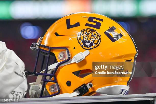 Football helmet during the SEC Championship football game between the LSU Tigers and the Georgia Bulldogs on December 3rd, 2022 at Mercedes-Benz...