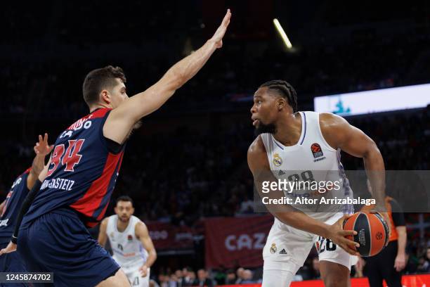 Guerschon Yabusele, #28 of Real Madrid in action during the 2022-23 Turkish Airlines EuroLeague Regular Season Round 16 game between Cazoo Baskonia...