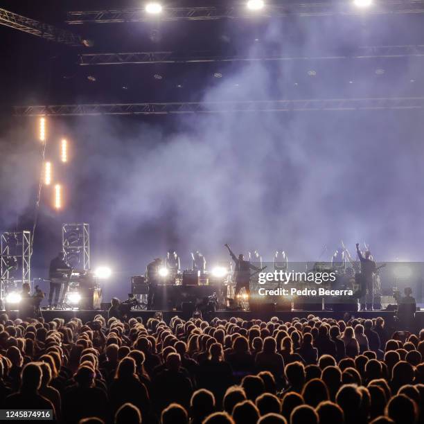 Manfred Hennig, Fritz Puppel, Toni Krahl and Georgi Gogow of the German band City perform live on stage during a concert at the Mercedes-Benz Arena...