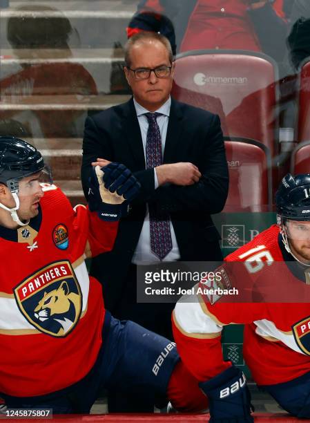 Head coach Paul Maurice of the Florida Panthers looks on during second period action against the Montreal Canadiens at the FLA Live Arena on December...