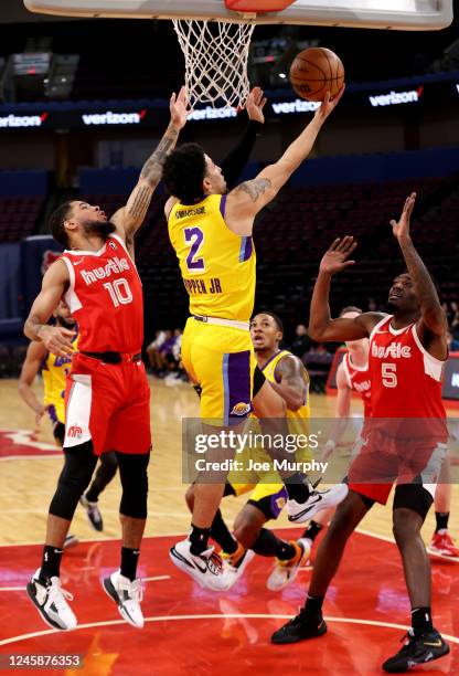 Scotty Pippen Jr. #2 of the South Bay Lakers drives to the basket against Terrell Brown Jr. #10 of the Memphis Hustle during an NBA G-League game on...