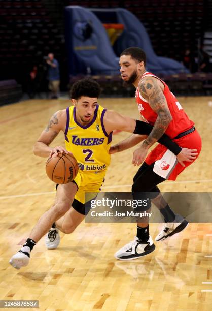 Scotty Pippen Jr. #2 of the South Bay Lakers dribbles against Terrell Brown Jr. #10 of the Memphis Hustle during an NBA G-League game on December 29,...