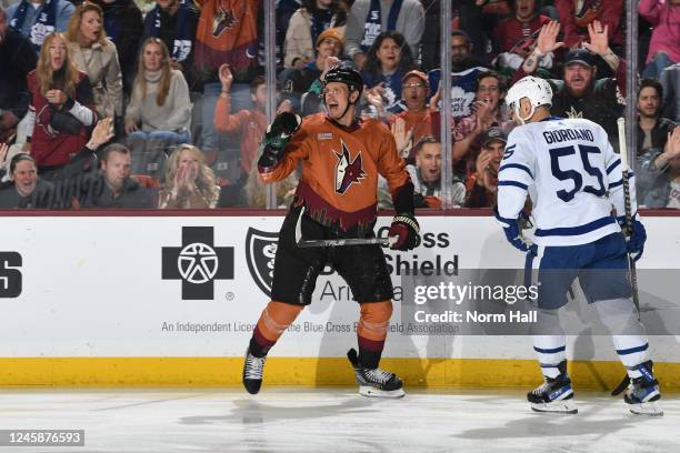 Nick Bjugstad of the Arizona Coyotes celebrates after scoring a goal against the Toronto Maple Leafs during the first period at Mullett Arena on...