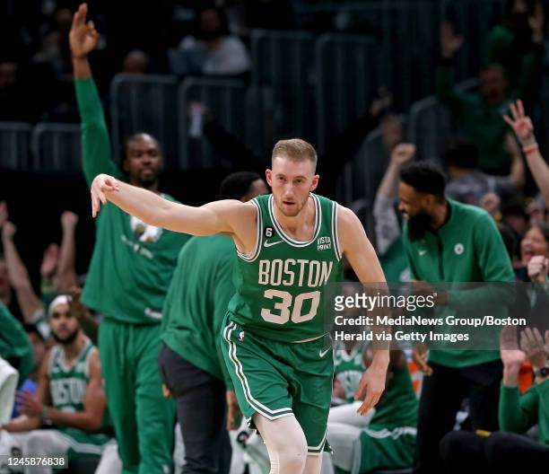 December 29: Sam Hauser of the Boston Celtics after his 3-pointer during the second half of the NBA game against the LA Clippers at the TD Garden on...