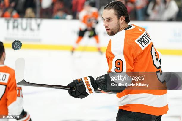 Ivan Provorov of the Philadelphia Flyers skates during warmups before the game against the San Jose Sharks at SAP Center on December 29, 2022 in San...