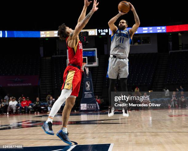 December 29: Grant Riller of the Texas Legends shoots in the third quarter against the Birmingham Squadron at Legacy Arena in Birmingham, AL on...