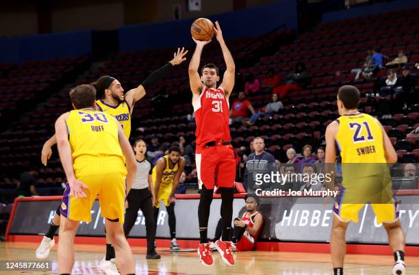 Of the South Bay Lakers against Dakota Mathias of the Memphis Hustle shoots against the South Bay Lakers during an NBA G-League game on December 29,...