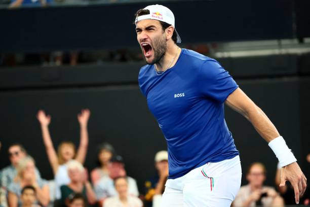 Matteo Berrettini of Italy celebrates his victory against Thiago Monteiro of Brazil during their mens singles match of the United Cup tennis...