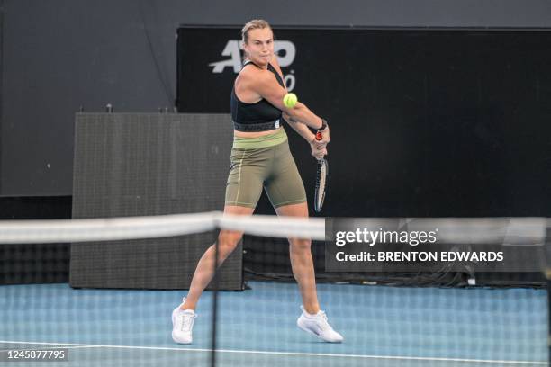 Belarusian tennis player Aryna Sabalenka attends a practice session ahead of the ATP Adelaide International tournament, in Adelaide on December 30,...