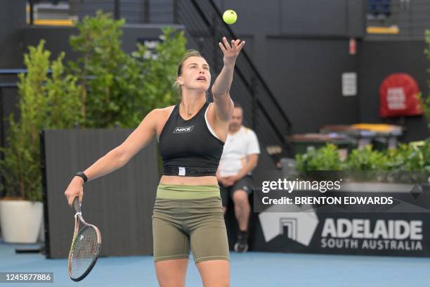Belarusian tennis player Aryna Sabalenka attends a practice session ahead of the ATP Adelaide International tournament, in Adelaide on December 30,...