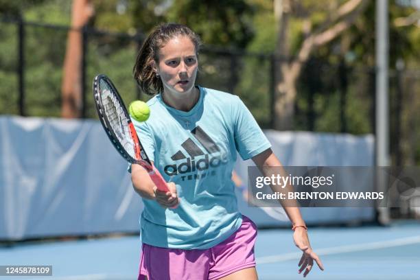 Russian tennis player Daria Kasatkina serves during a practice session ahead of the ATP Adelaide International tournament, in Adelaide on December...