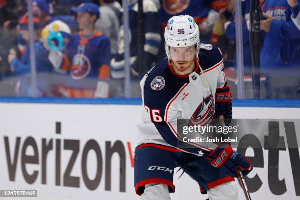 Jack Roslovic of the Columbus Blue Jackets warms up before a game against the New York Islanders at UBS Arena on December 29, 2022 in Elmont, New...