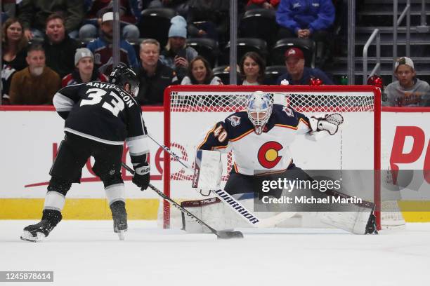 Viktor Arvidsson of the Los Angeles Kings takes a shot against goaltender Alexandar Georgiev of the Colorado Avalanche at Ball Arena on December 29,...