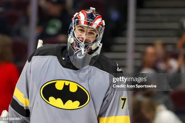 Cleveland Monsters goalie Jet Greaves during the third period of the American Hockey League game between the Charlotte Checkers and Cleveland...