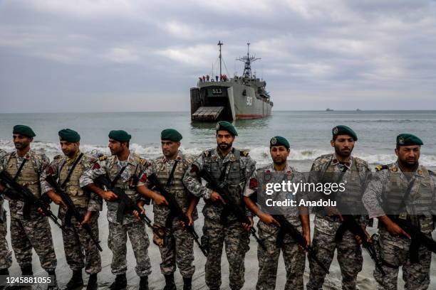 Iranian soldiers take part in an annual military drill in the coast of the Gulf of Oman and near the strategic Strait of Hormuz, in Jask, Iran on...