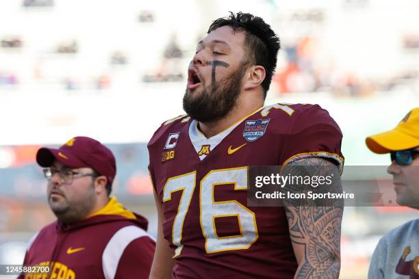 Minnesota Golden Gophers offensive lineman Chuck Filiaga prior to the Bad Boy Mowers Pinstripe Bowl college football game between the Minnesota...